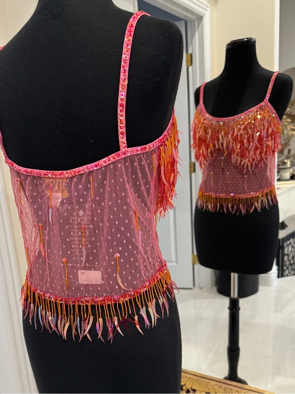 Beaded Fringe Pink Sequin stretch mesh Attitudes by Debra Cami Top - Picture 3 of 5